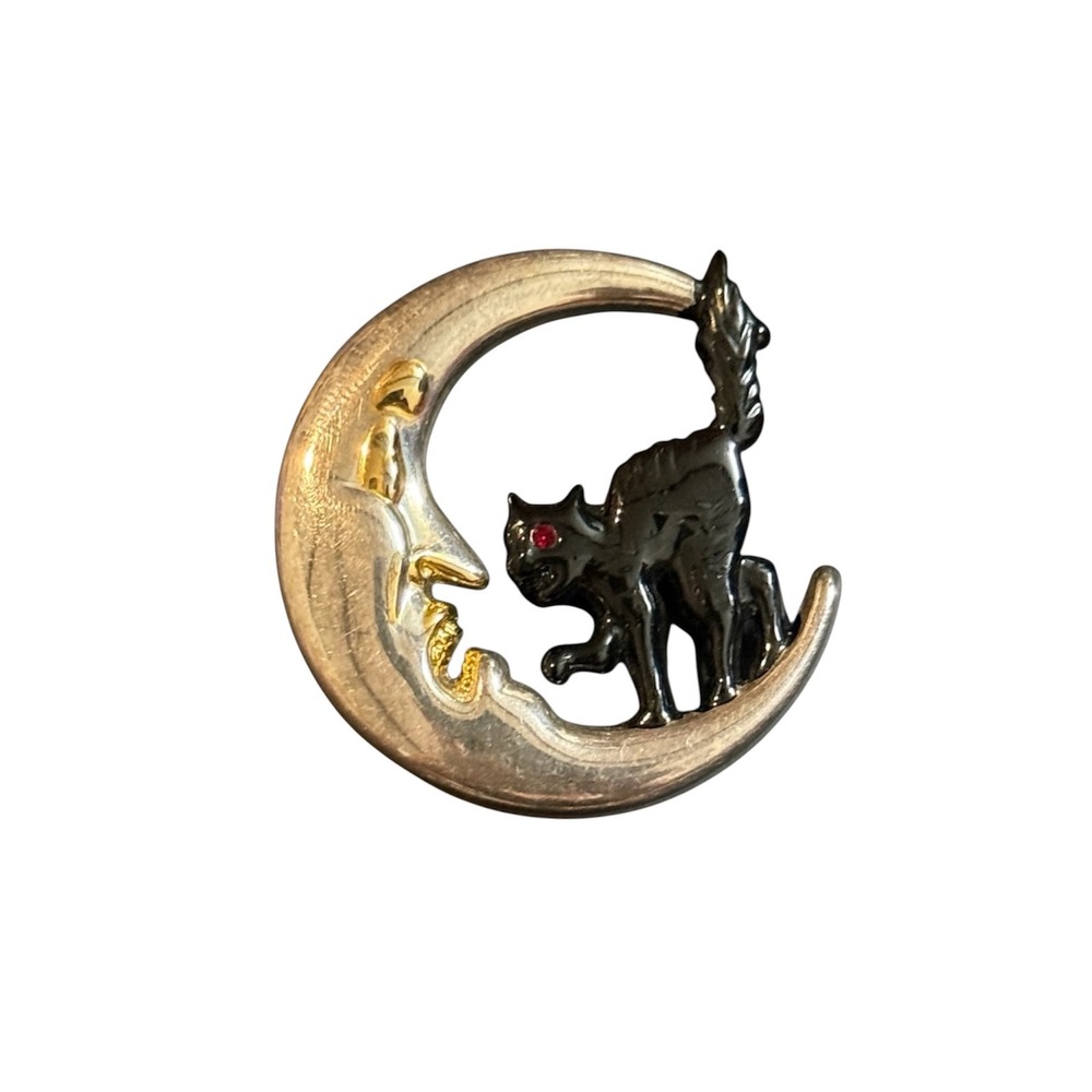 Vintage Best Signed Black Cat Crescent Moon Brooch Pendant Red Eye Halloween